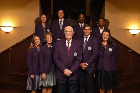 David Allen, Laurie Koehn, AJ Morris, Jordy Nelson, Darren Sproles, Marty Vanier, Mary Vanier, Liz Wegner-Busch, and Mike Wroblewski are inducted into the K-State Athletics Hall of Fame ceremony at the K-State Alumni Center in Manhattan, Kansas on October 1, 2021.