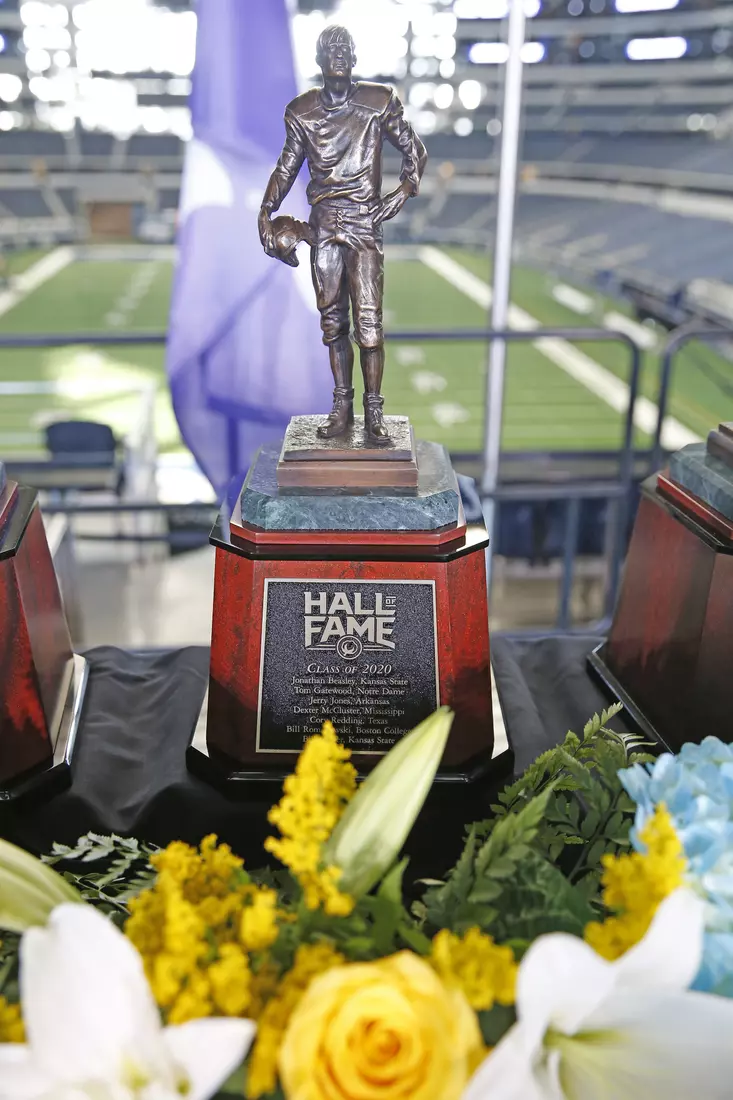 05 October 2021: Statue for whole class of the 2020 Cotton Bowl Hall of Fame class at the induction ceremony at AT&T Stadium in Arlington, Texas. Photo by James D. Smith/CBAA