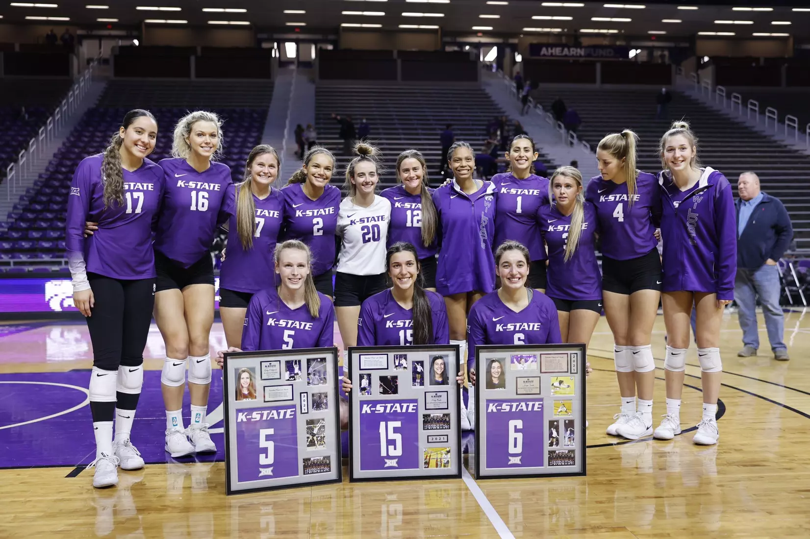 K-State poses with its graduating players during the Senior Night presentation.