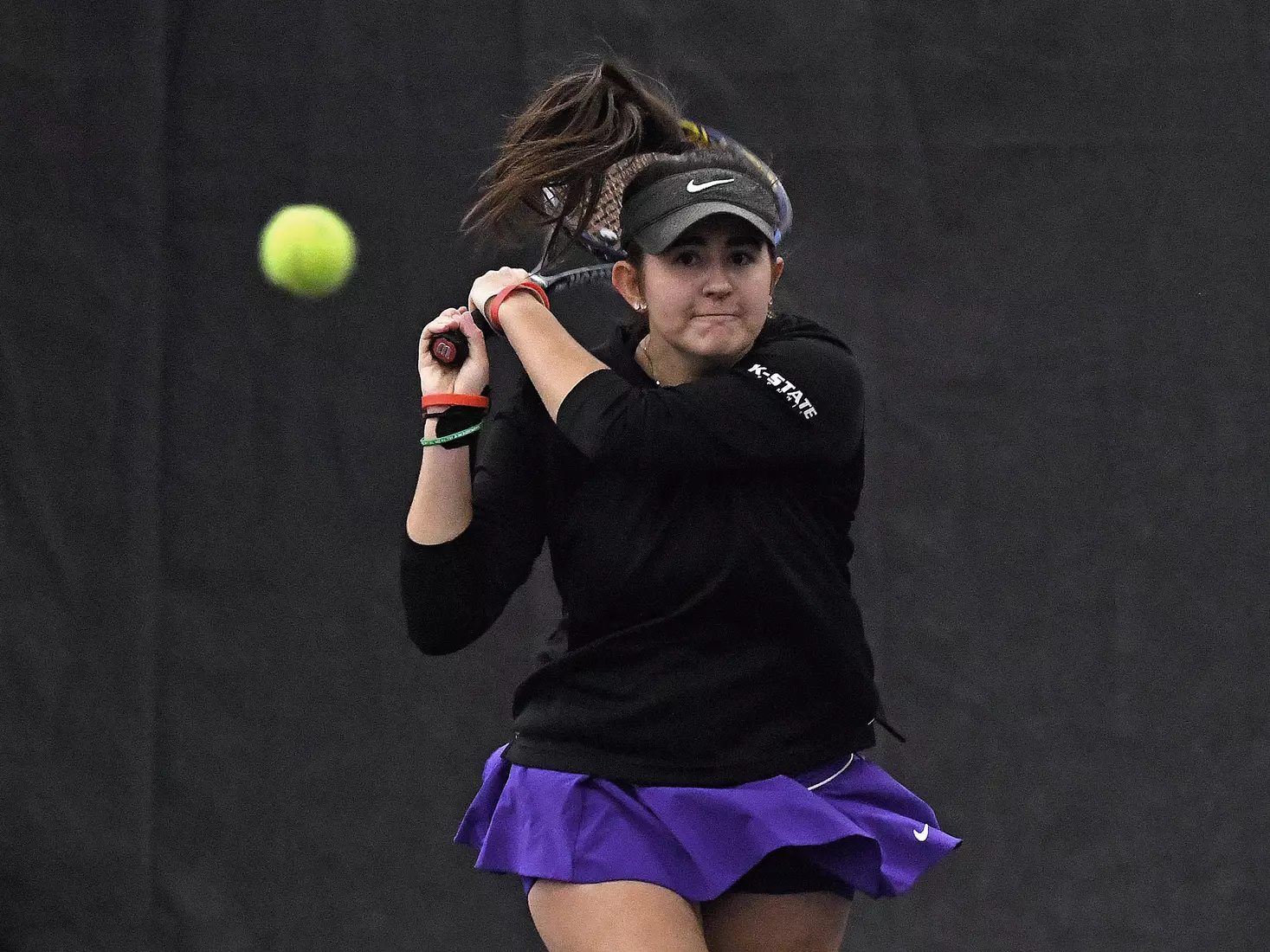 K-State’s Anna Turco competes against Memphis at the Body First Indoor Tennis Center in Manhattan, Kansas on February 11, 2022.
