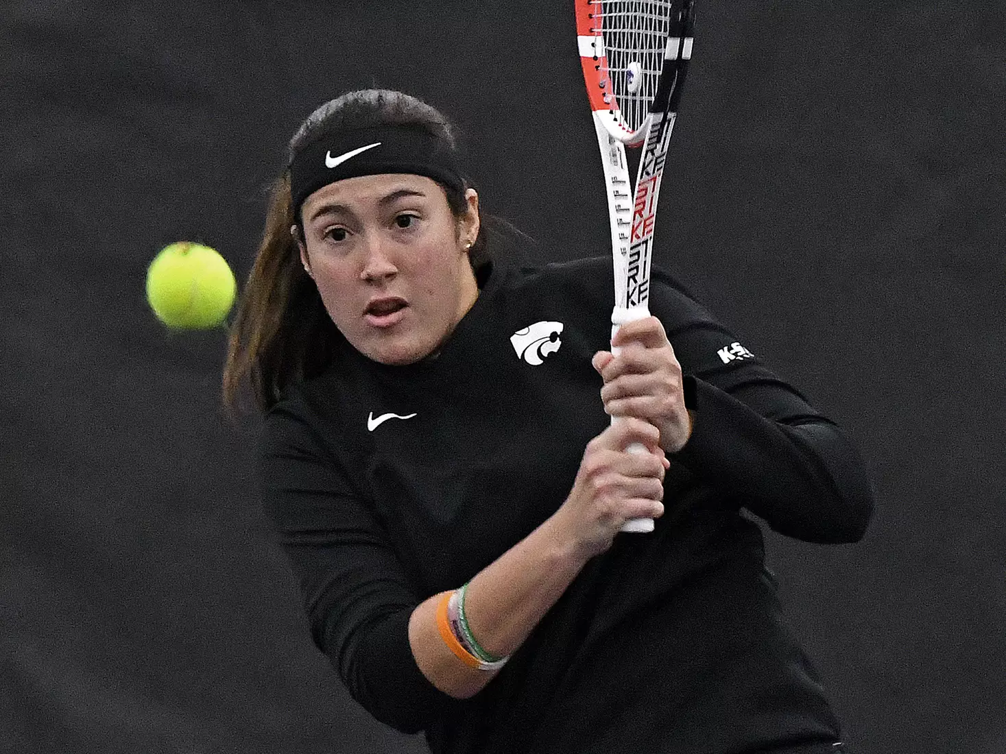 K-State’s Maria Linares competes against Memphis at the Body First Indoor Tennis Center in Manhattan, Kansas on February 11, 2022.