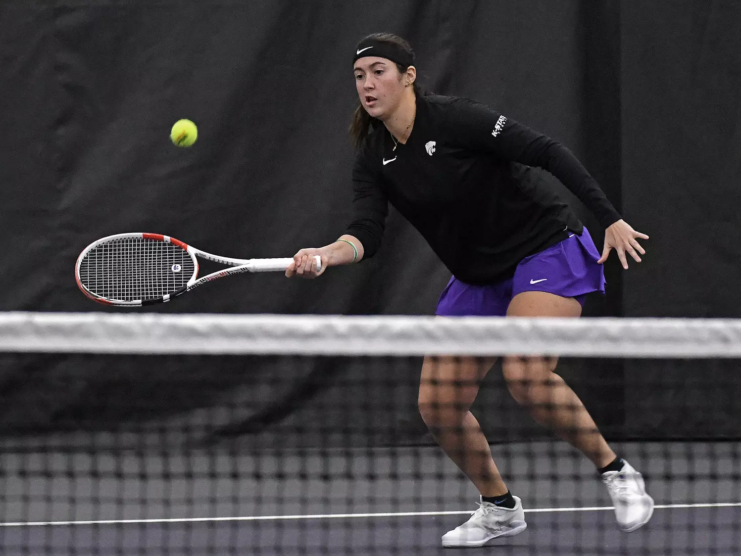 K-State’s Maria Linares competes against Memphis at the Body First Indoor Tennis Center in Manhattan, Kansas on February 11, 2022.