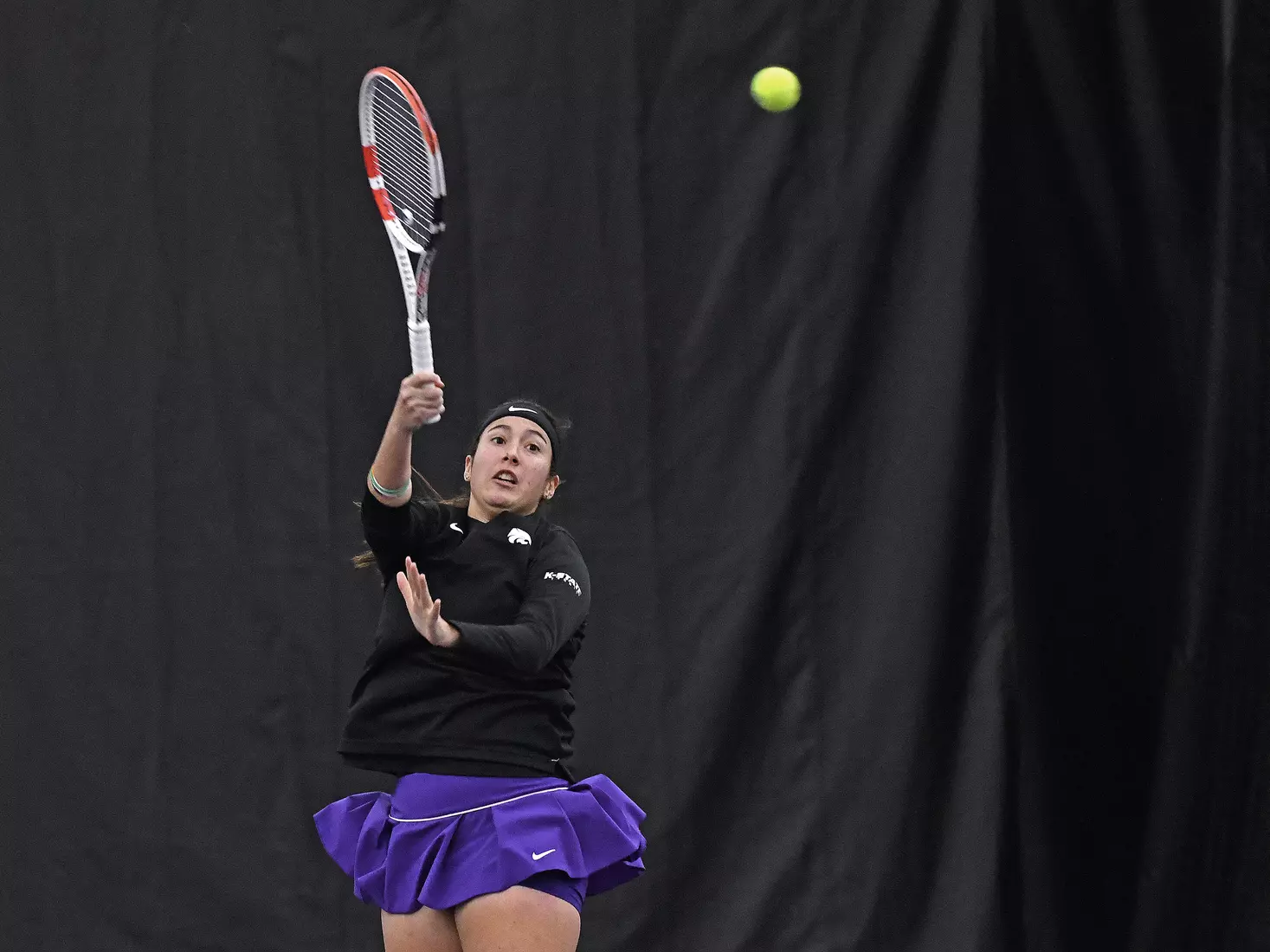 K-State’s Maria Linares competes against Memphis at the Body First Indoor Tennis Center in Manhattan, Kansas on February 11, 2022.