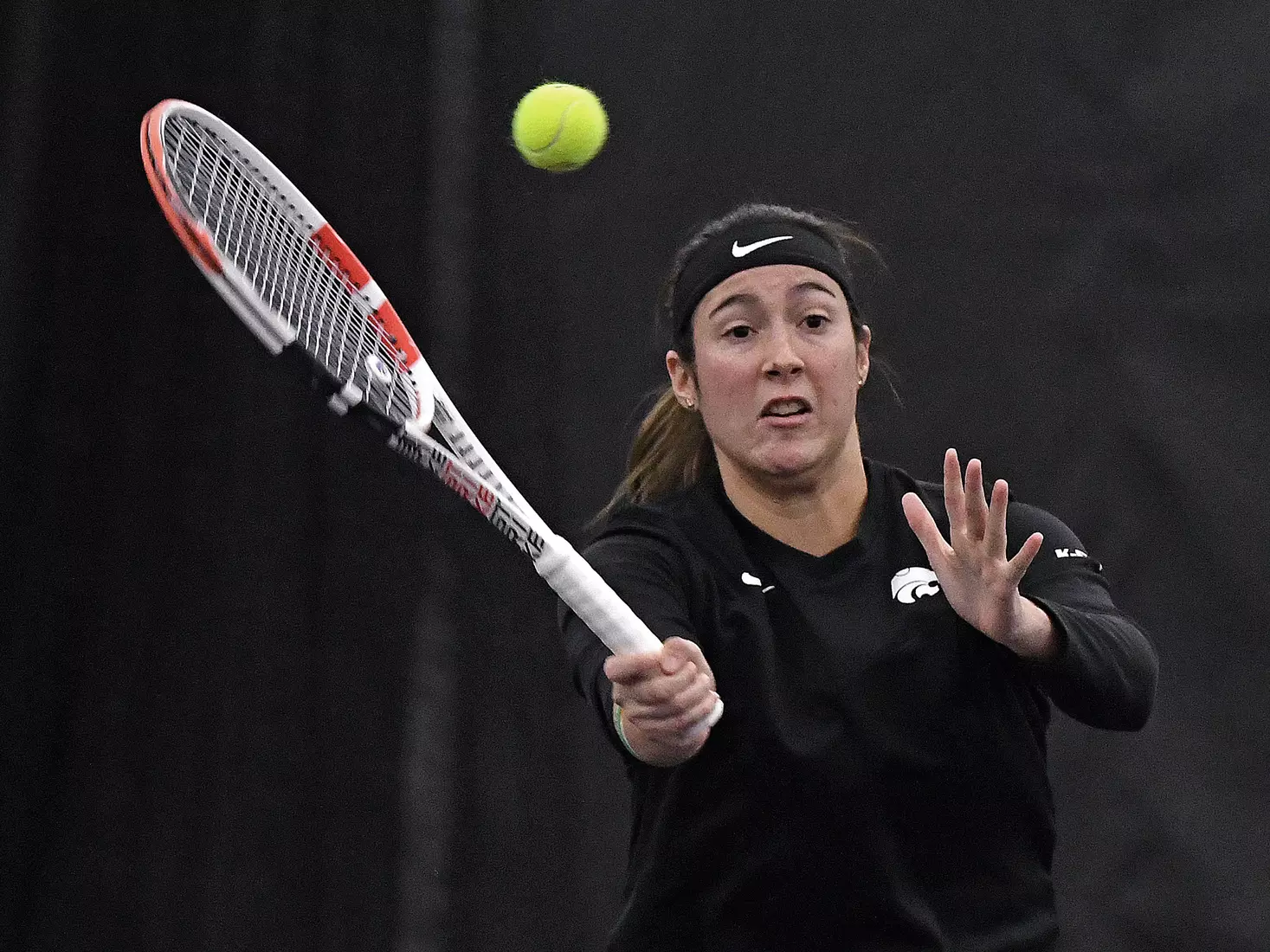 K-State’s Maria Linares competes against Memphis at the Body First Indoor Tennis Center in Manhattan, Kansas on February 11, 2022.