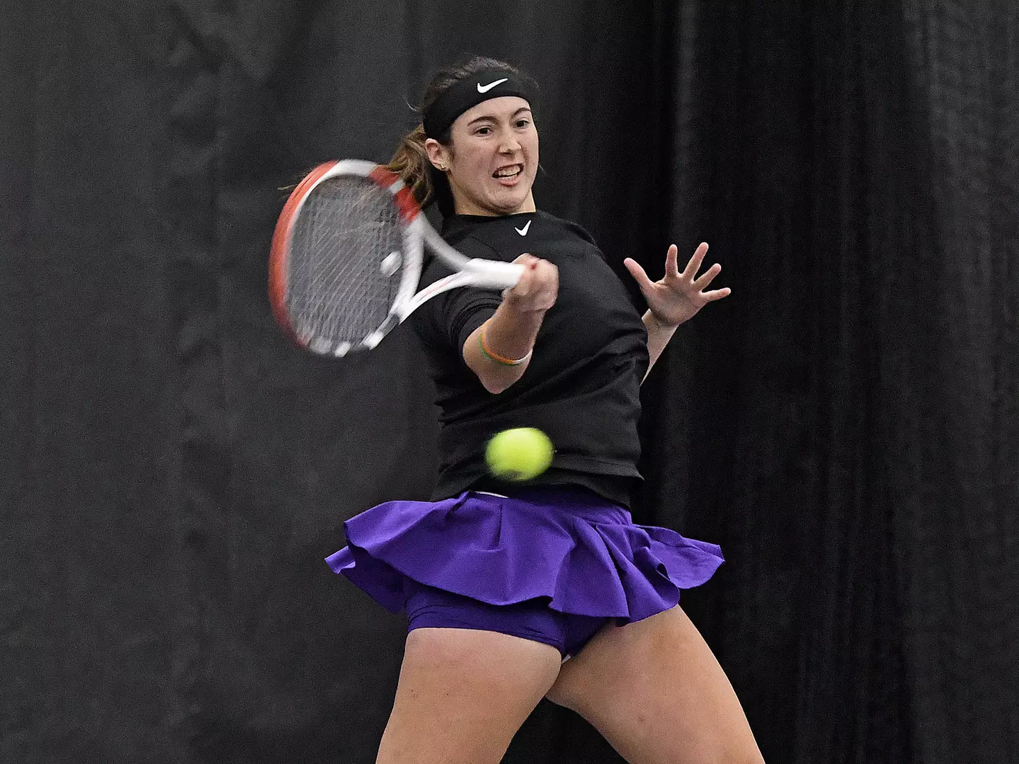 K-State’s Maria Linares competes against Memphis at the Body First Indoor Tennis Center in Manhattan, Kansas on February 11, 2022.