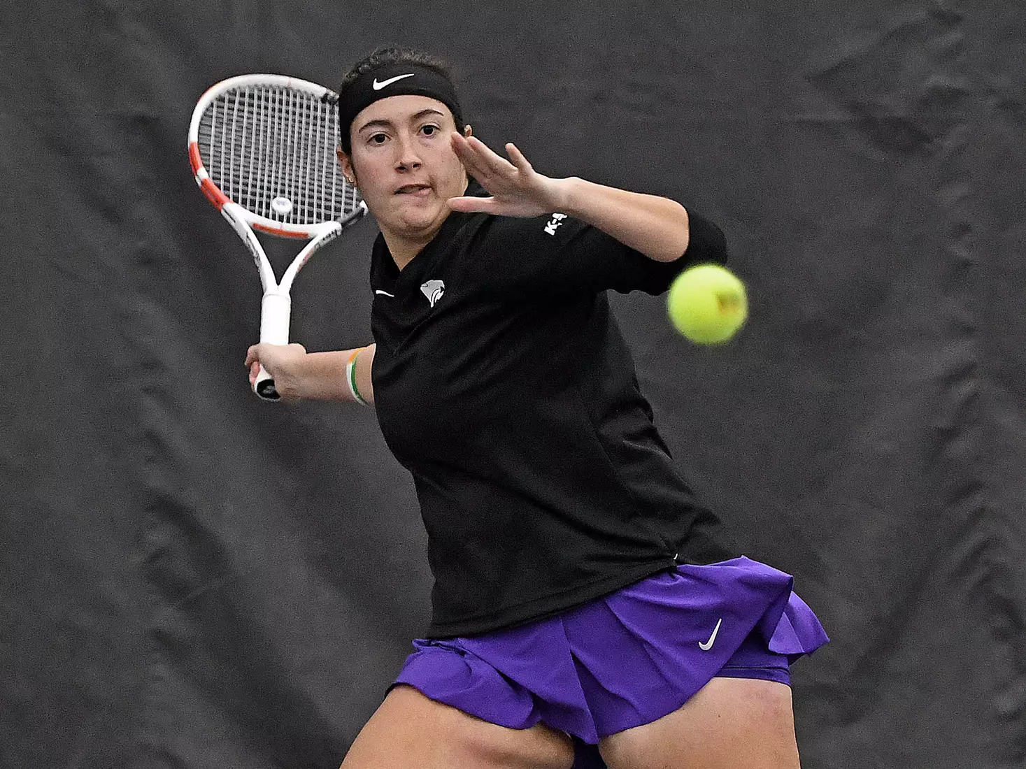 K-State’s Maria Linares competes against Memphis at the Body First Indoor Tennis Center in Manhattan, Kansas on February 11, 2022.