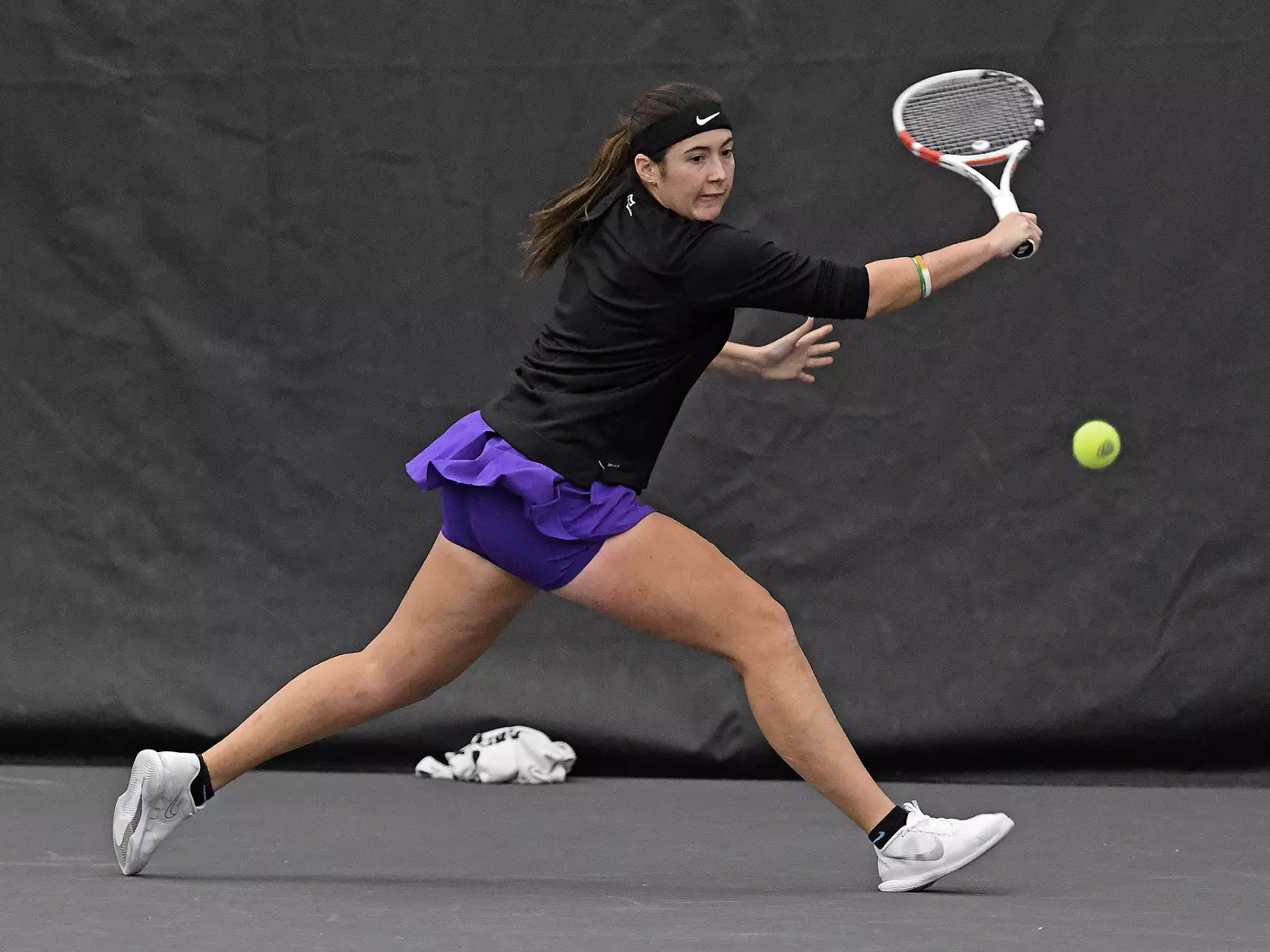 K-State’s Maria Linares competes against Memphis at the Body First Indoor Tennis Center in Manhattan, Kansas on February 11, 2022.