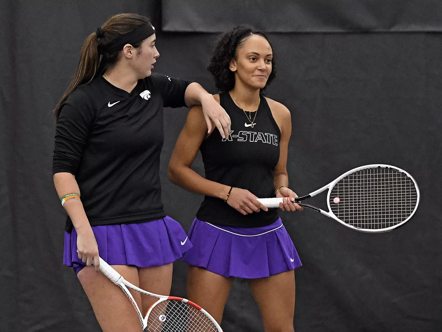 K-State’s Maria Linares and Karine-Marion Job compete against Memphis at the Body First Indoor Tennis Center in Manhattan, Kansas on February 11, 2022.