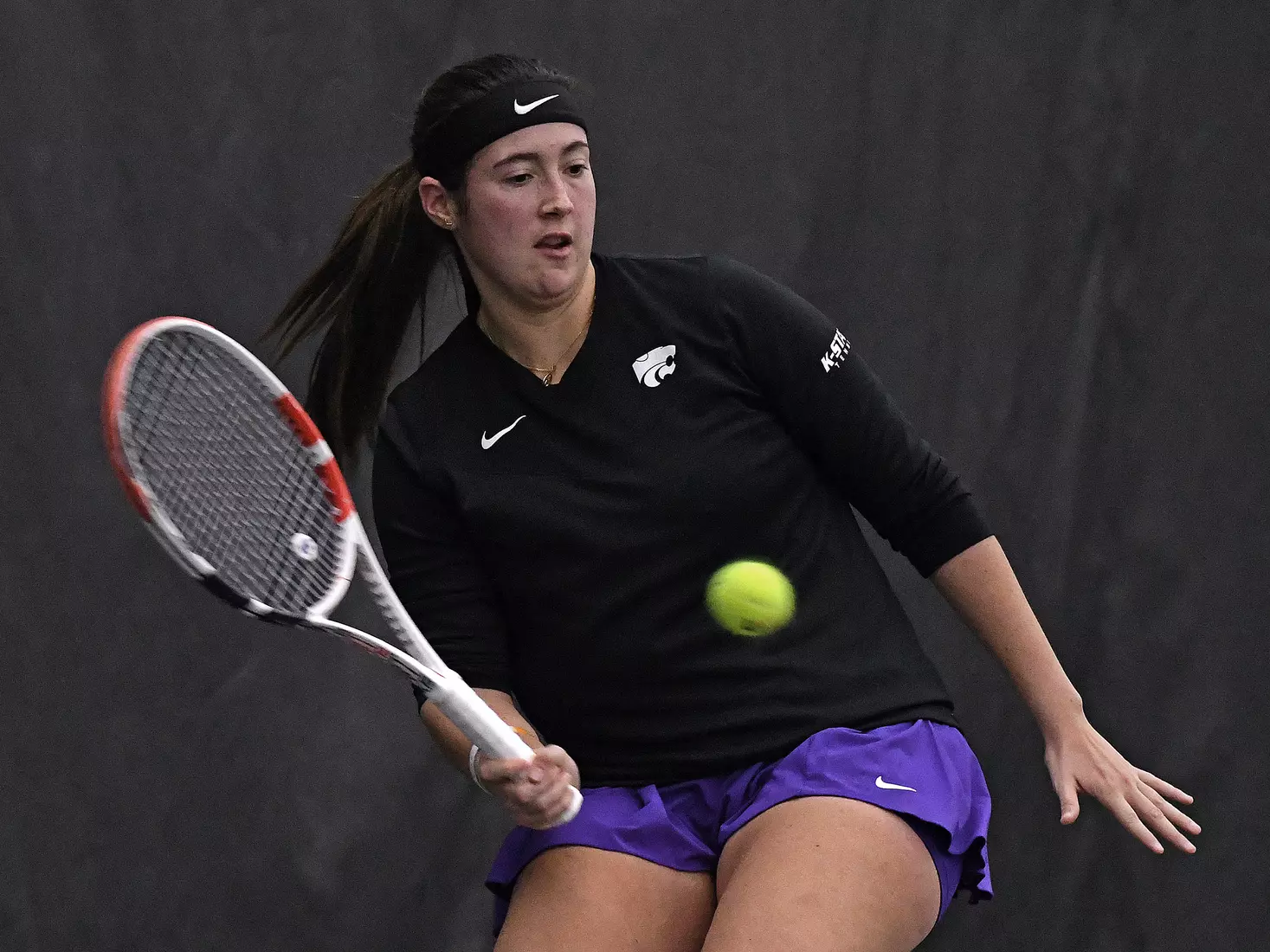 K-State’s Maria Linares competes against Memphis at the Body First Indoor Tennis Center in Manhattan, Kansas on February 11, 2022.