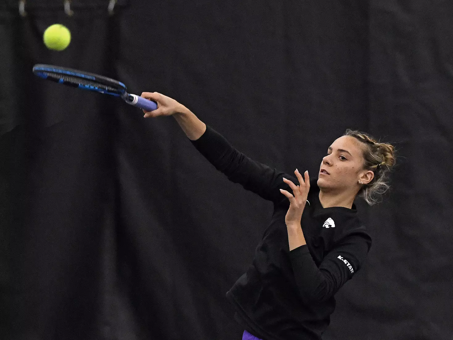 K-State’s Rosanna Maffei competes against Memphis at the Body First Indoor Tennis Center in Manhattan, Kansas on February 11, 2022.