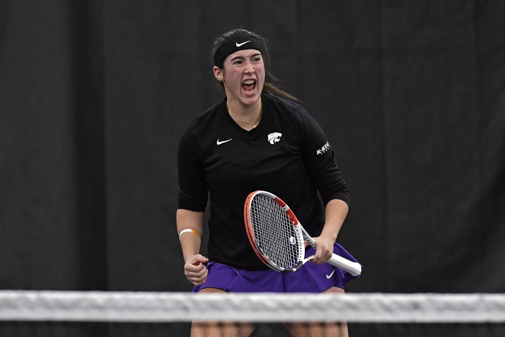 K-State’s Maria Linares competes against Memphis at the Body First Indoor Tennis Center in Manhattan, Kansas on February 11, 2022.