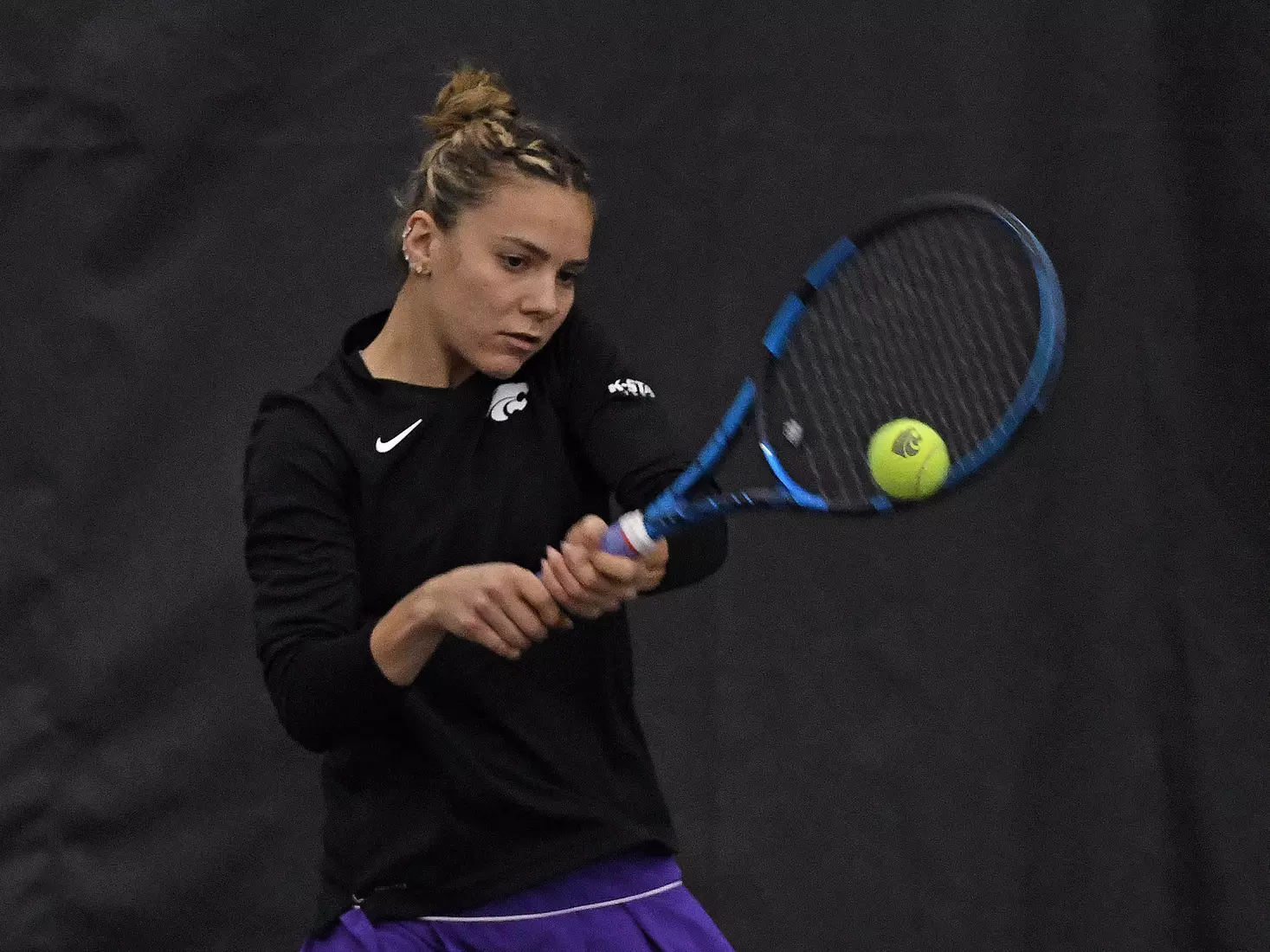 K-State’s Rosanna Maffei competes against Memphis at the Body First Indoor Tennis Center in Manhattan, Kansas on February 11, 2022.