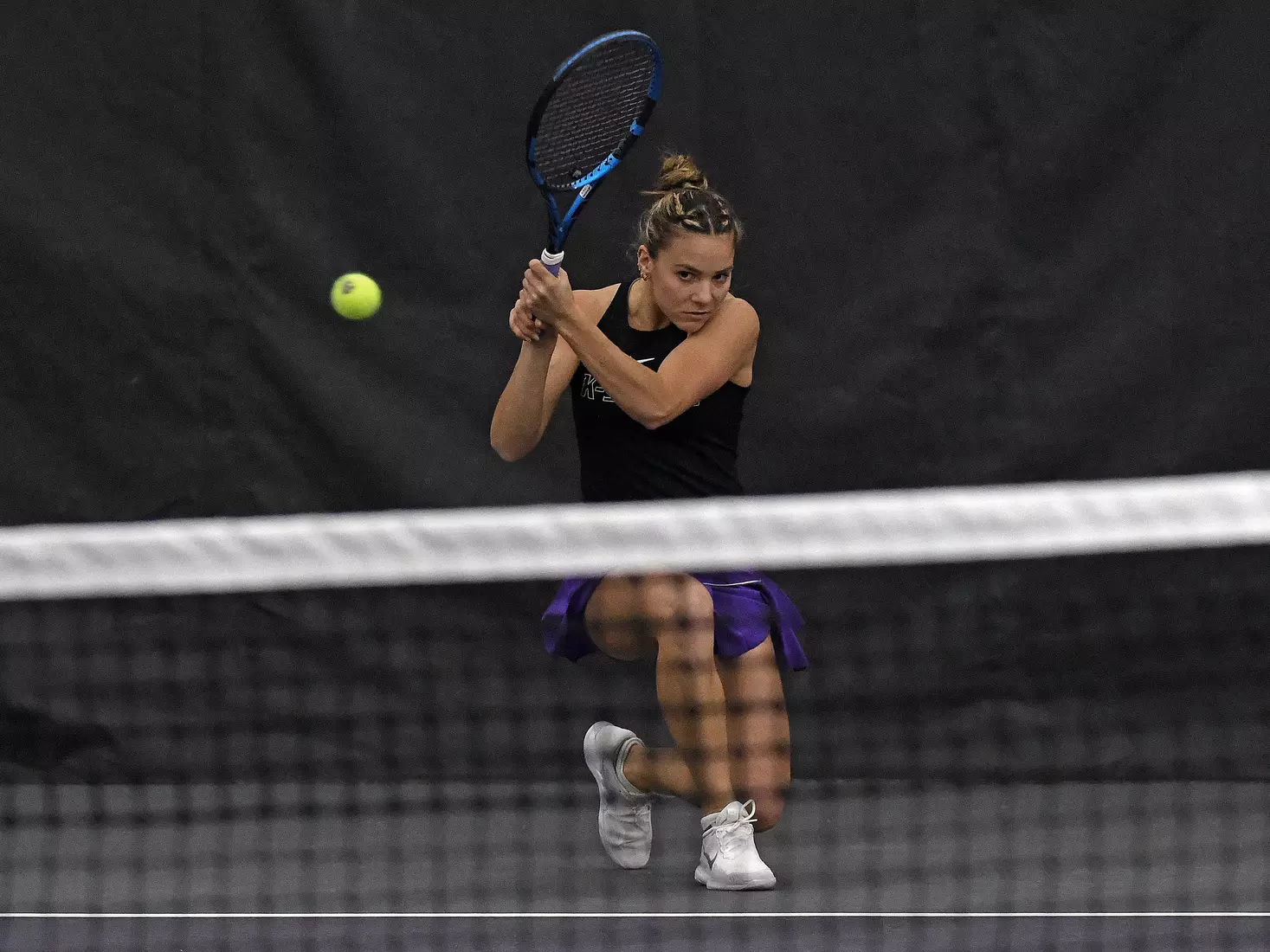 K-State’s Rosanna Maffei competes against Memphis at the Body First Indoor Tennis Center in Manhattan, Kansas on February 11, 2022.