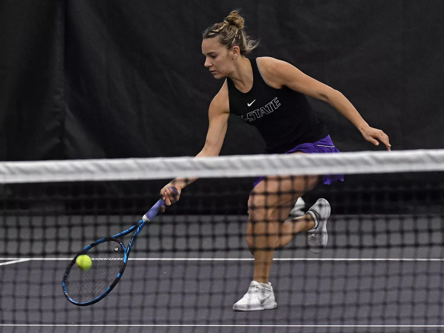 K-State’s Rosanna Maffei competes against Memphis at the Body First Indoor Tennis Center in Manhattan, Kansas on February 11, 2022.