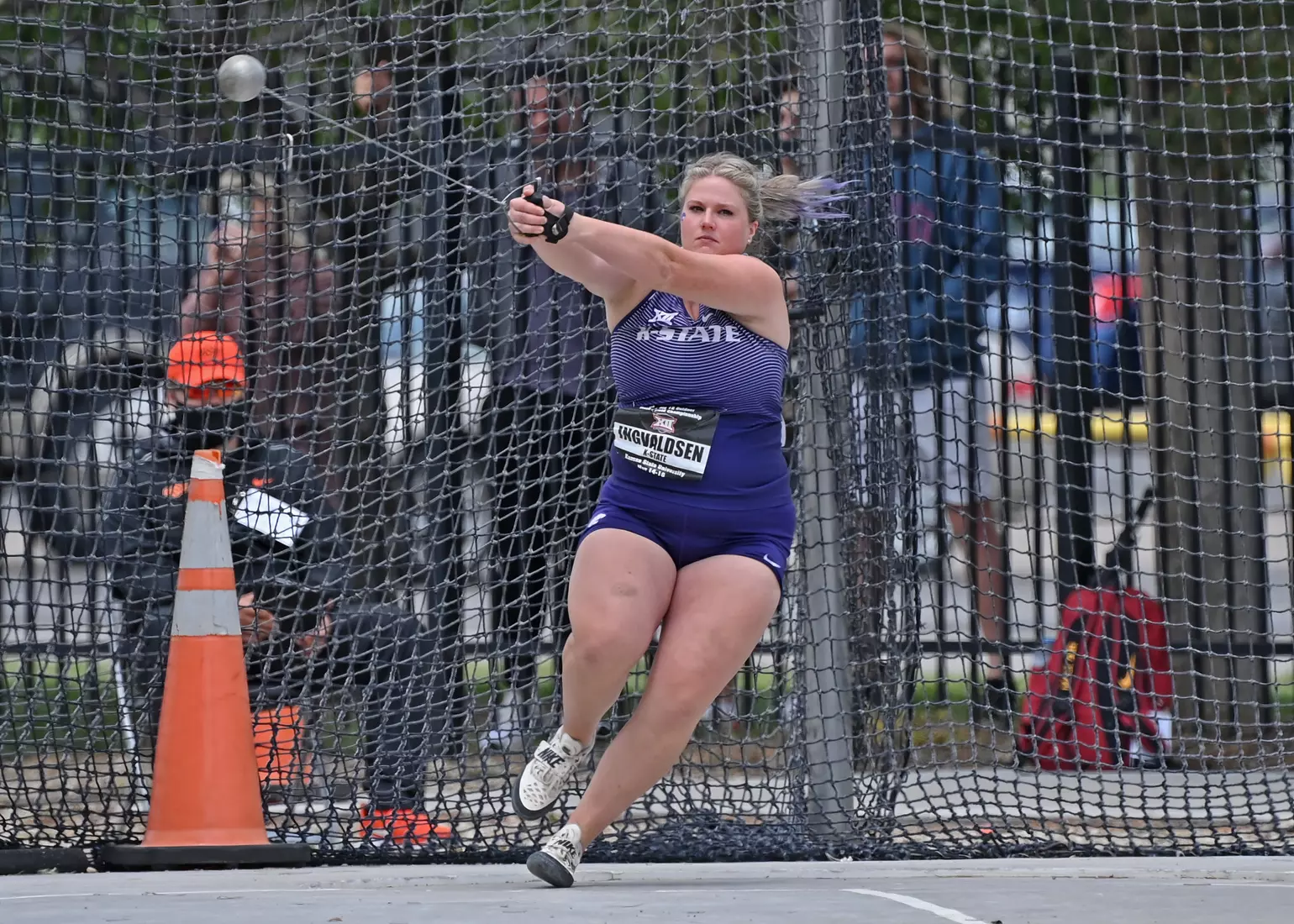 Kansas State's Helene Ingvaldsen competes during the Big 12 Outdoor Track & Field Championship at R.V. Christian Track & Field Complex on May 14, 2021 in Manhattan, Kansas.
