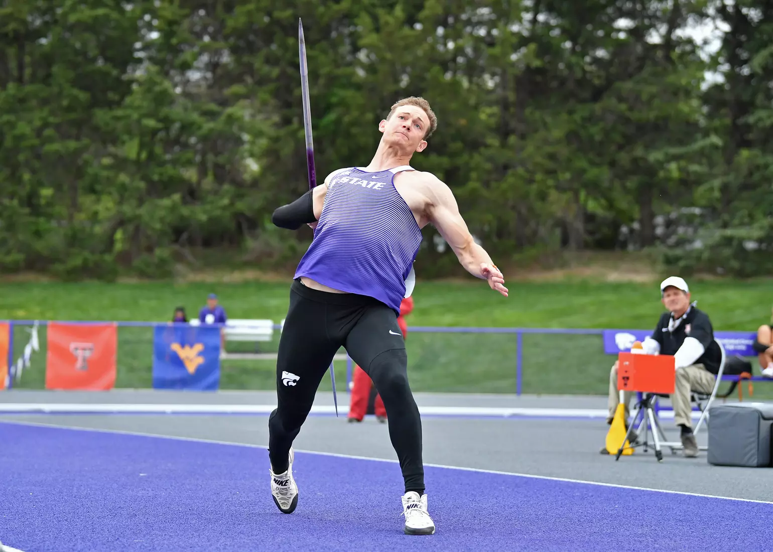 Logan Wolfley of Kansas State competes in the Men's Javelin during the Big 12 Outdoor Track & Field Championship at R.V. Christian Track & Field Complex on May 14, 2021 in Manhattan, Kansas.