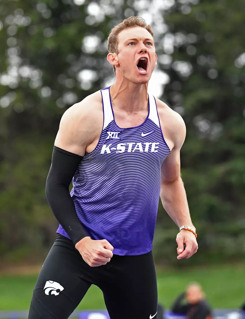 Logan Wolfley of Kansas State reacts after winning the Men's Javelin during the Big 12 Outdoor Track & Field Championship at R.V. Christian Track & Field Complex on May 14, 2021 in Manhattan, Kansas.