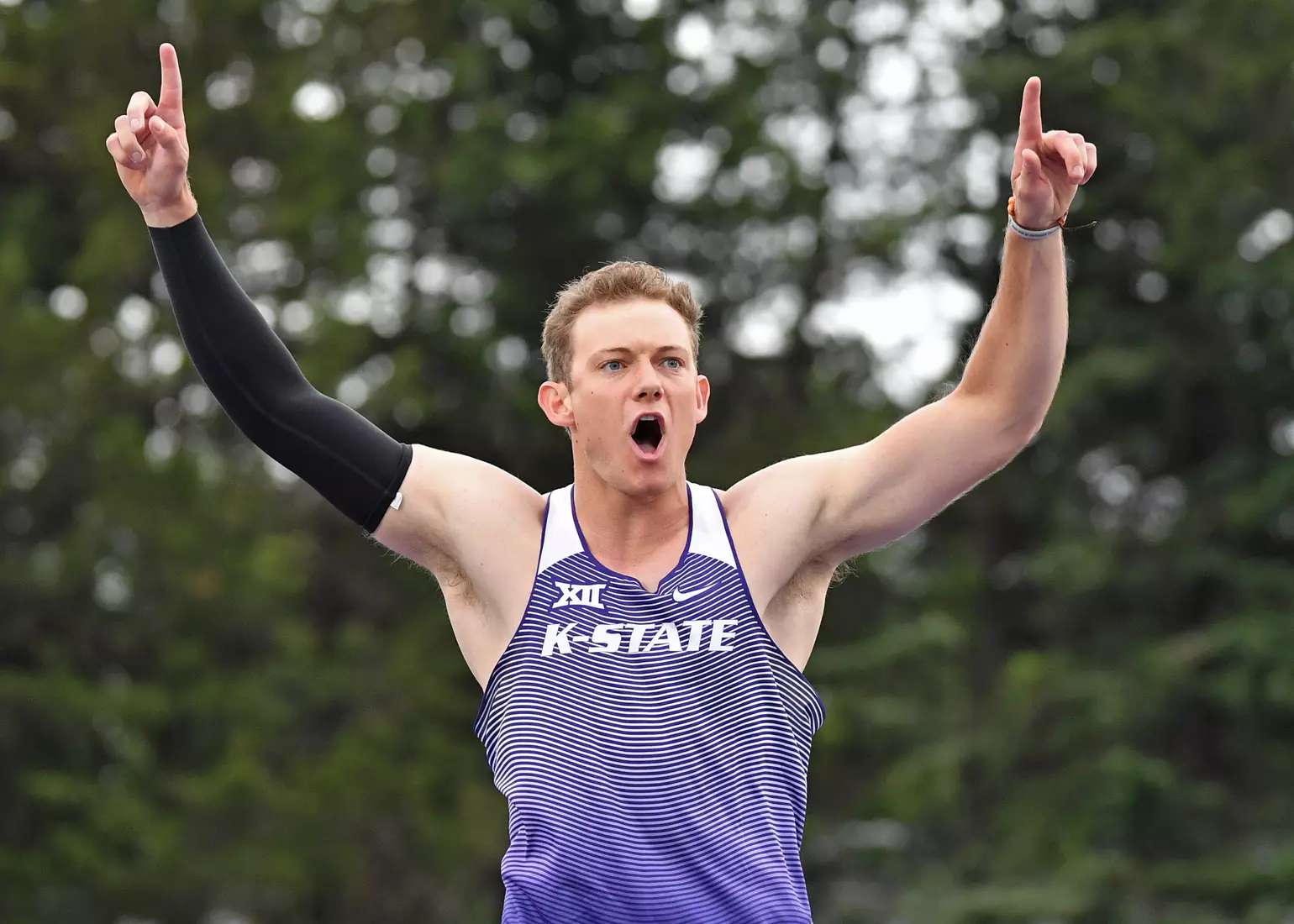 Logan Wolfley of Kansas State reacts after winning the Men's Javelin during the Big 12 Outdoor Track & Field Championship at R.V. Christian Track & Field Complex on May 14, 2021 in Manhattan, Kansas.