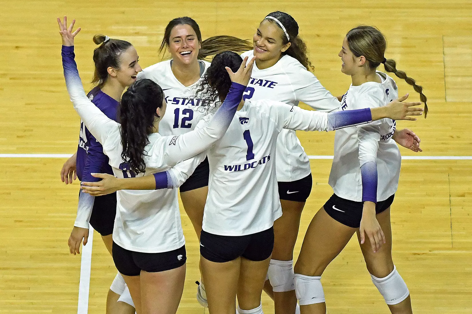K-State celebrates match point against Texas Tech at Bramlage Coliseum in Manhattan, Kansas on October 27, 2021.