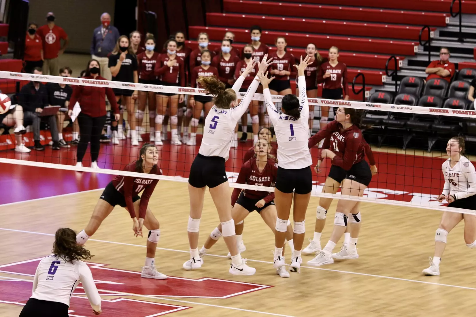 Kayley Hollywood & Teana Adams-Kaonohi go up for a block against Colgate in the Husker Invitational on Friday.