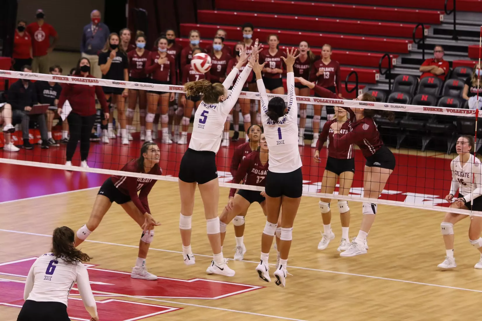 Kayley Hollywood & Teana Adams-Kaonohi compete against Colgate at the Husker Invitational on Friday.