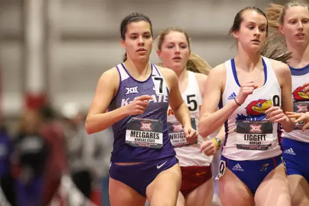 Cara Melgares of Kansas State competes in the womens Mile run at the 2018 Big 12 Indoor Track and Field Championships in Ames, Iowa.