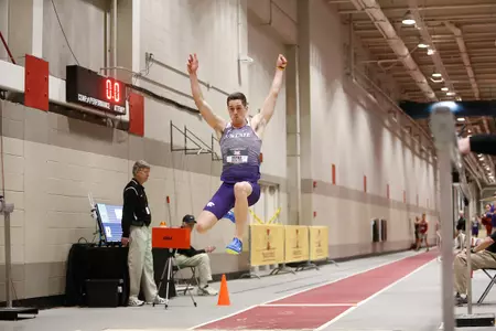 Max Estill of Kansas State competes in the long jump portion of the mens heptathlon at the 2018 Big 12 Indoor Track and Field Championships in Ames, Iowa.