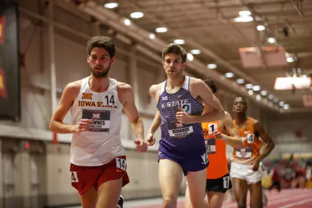 Colton Donahue of Kansas State competes in the mens 3000 meter run at the 2018 Big 12 Indoor Track and Field Championships in Ames, Iowa.