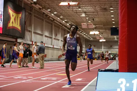 Devie Freeman II of Kansas State competes in the mens Distance Medley Relay at the 2018 Big 12 Indoor Track and Field Championships in Ames, Iowa.