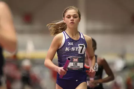 Erin Lee of Kansas State competes in the womens Distance Medley Relay at the 2018 Big 12 Indoor Track and Field Championships in Ames, Iowa.