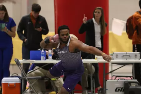 Kyle Mitchell of Kansas State competes in the mens shot put at the 2018 Big 12 Indoor Track and Field Championships in Ames, Iowa.