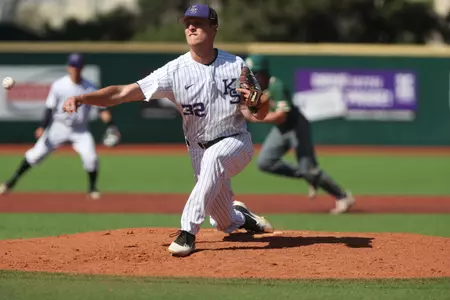 Brogan Heinen delivers a pitch vs. Baylor at Tointon Family Stadium on April 28, 2018.