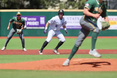 Trent McMaster watches a pitch vs. Baylor at Tointon Family Stadium on April 28, 2018.