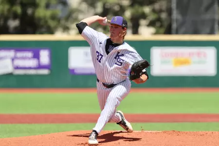 Starter Hudson Treu throws a pitch vs. Baylor at Tointon Family Stadium on April 28, 2018.
