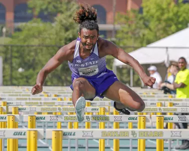 K-State FR Antuane Dennard competing in a Multi Events 110 Hurdles at the 2018 Big 12 Track and Field Championship at Clyde Hart Stadium in Waco, TX on Saturday, May 12, 2018