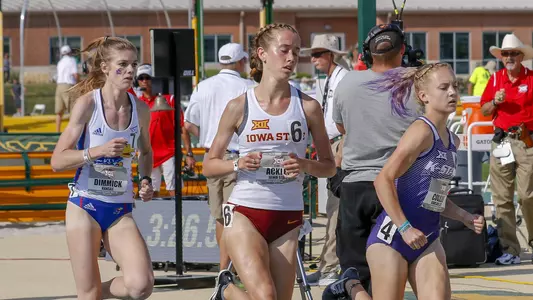 K-State FR Sydney Collins, Iowa State FR Karly Ackley and Univ of Kansas SR Hannah Dimmick maintain contact with the pack during the Womens 1500m run at the 2018 Big 12 Track and Field Championship at Clyde Hart Stadium in Waco, TX on Sunday, May 13, 2018
