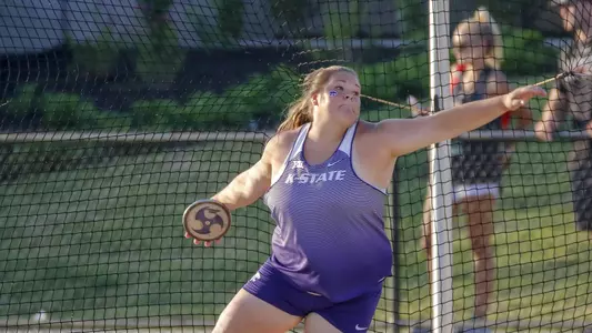 K-State FR Taylor Latimer competing in the Womens Discus at the 2018 Big 12 Track and Field Championship at Clyde Hart Stadium in Waco, TX on Saturday, May 12, 2018