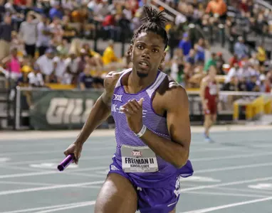 K-State JR Devie Freeman II competing in the Mens 4 x 400m Relay at the 2018 Big 12 Track and Field Championship at Clyde Hart Stadium in Waco, TX on Sunday, May 13, 2018