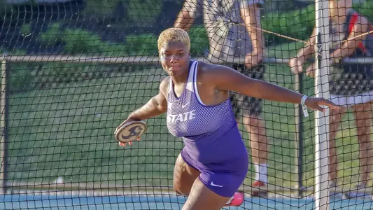 K-State JR Shadae Lawrence competing in Womens  Discus at the 2018 Big 12 Track and Field Championship at Clyde Hart Stadium in Waco, TX  on Saturday, May 12, 2018