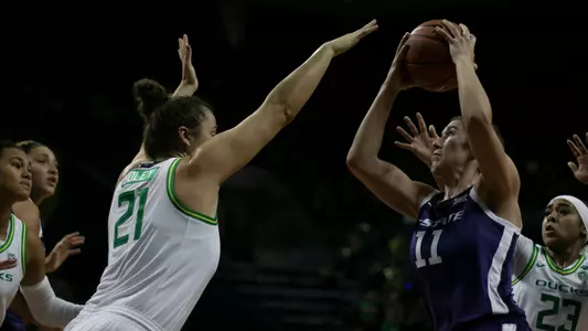 Peyton Williams attempts a shot at (3/3) Oregon on Saturday.