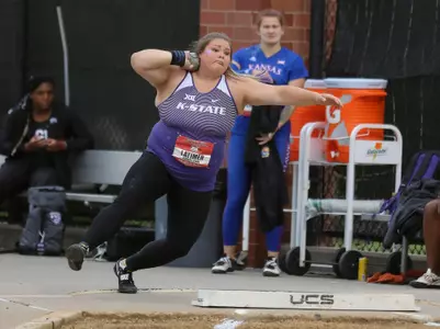 K-State SO Taylor Latimer competing in the Womens Shot Put at the 2019 Big 12 Track and Field Championship at the John Jacobs Track and Field Complex in Norman, Oklahoma on Friday, May 10, 2019