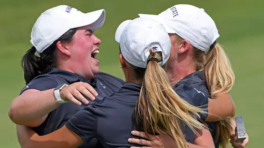 K-State's Niamh McSherry celebrates after she wins as individual champion during the Marilynn Smith Sunflower Showdown at Colbert Hills in Manhattan, Kansas.