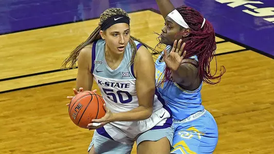 Ayoka Lee posts up against Southern at Bramlage Coliseum