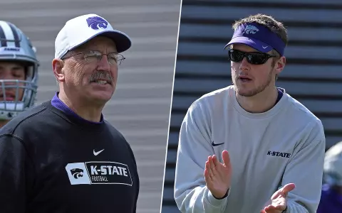 Split photo of offensive coordinator Courtney Messingham and quarterbacks coach Collin Klein