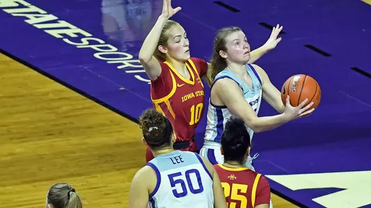 K-State's Sydney Goodson competes against Iowa State at Bramlage Coliseum in Manhattan, Kansas on January 28, 2021.