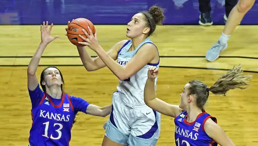 K-State's Ayoka Lee competes against Kansas at Bramlage Coliseum in Manhattan, Kansas on February 13, 2021.