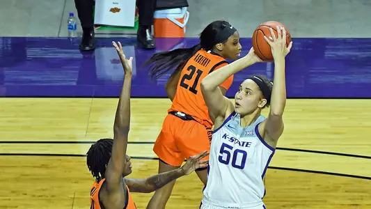 K-State's Ayoka Lee competes against Oklahoma State at Bramlage Coliseum in Manhattan, Kansas on January 25, 2021.