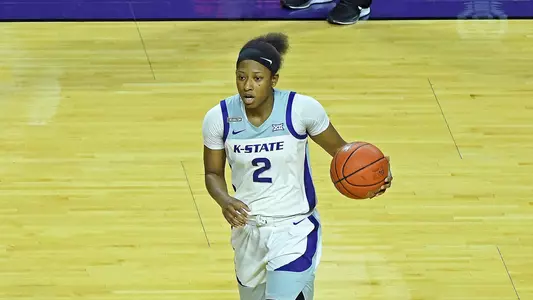 K-State's Cymone Goodrich competes against Oklahoma State at Bramlage Coliseum in Manhattan, Kansas on January 25, 2021.