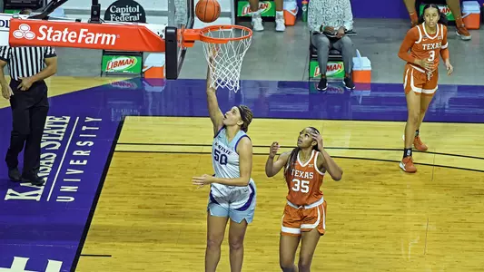 K-State's Ayoka Lee competes against Texas at Bramlage Coliseum in Manhattan, Kansas on December 21, 2020.