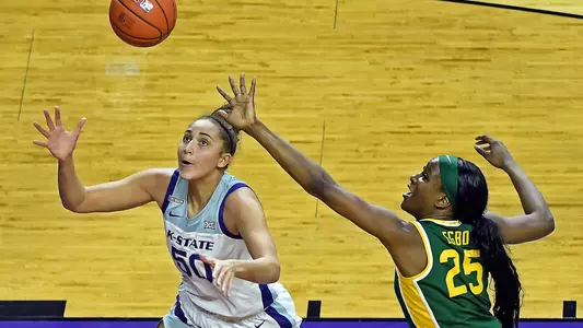 K-State's Ayoka Lee competes against Baylor at Bramlage Coliseum in Manhattan, Kansas on February 7, 2021.